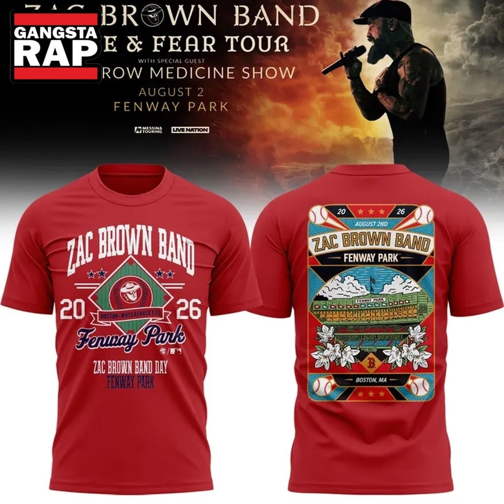 Zac Brown Band x Boston Red Sox Fenway Park Love & Fear Tour 2026 Red T Shirt , Music Trending 3D Shirt